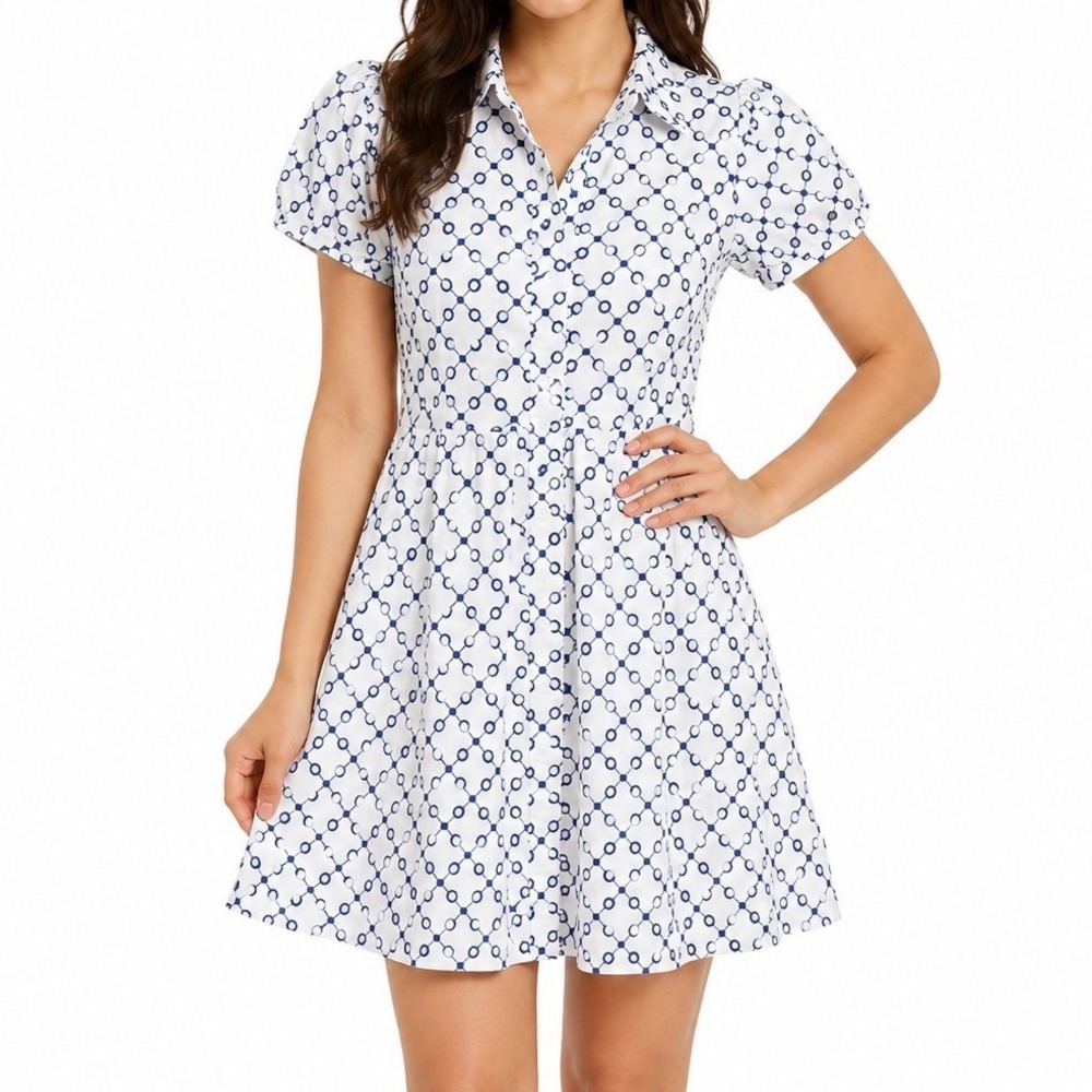 ALEXIS Blue White Embroidered Eyelet Cotton A-Line Fit Flare Dress Large Pockets
